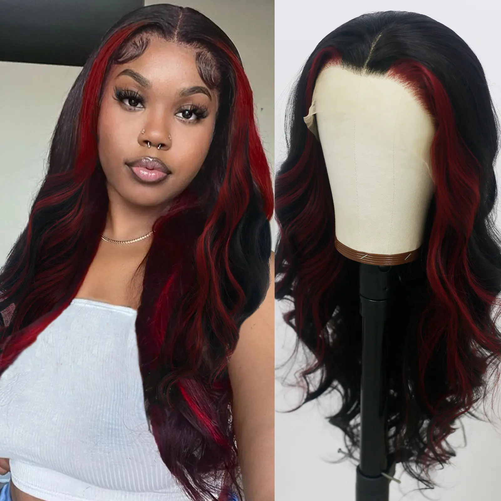 KINCY 13*4 Red Mixed Black Wave Lace Front Wigs Natural Hairline Synthetic Wig for Women Long Hair Wig Wavy 26 Inch Natural Heat Resistant Fiber Synthetic Red And Black Wigs for Halloween Daily Use Party Cosplay