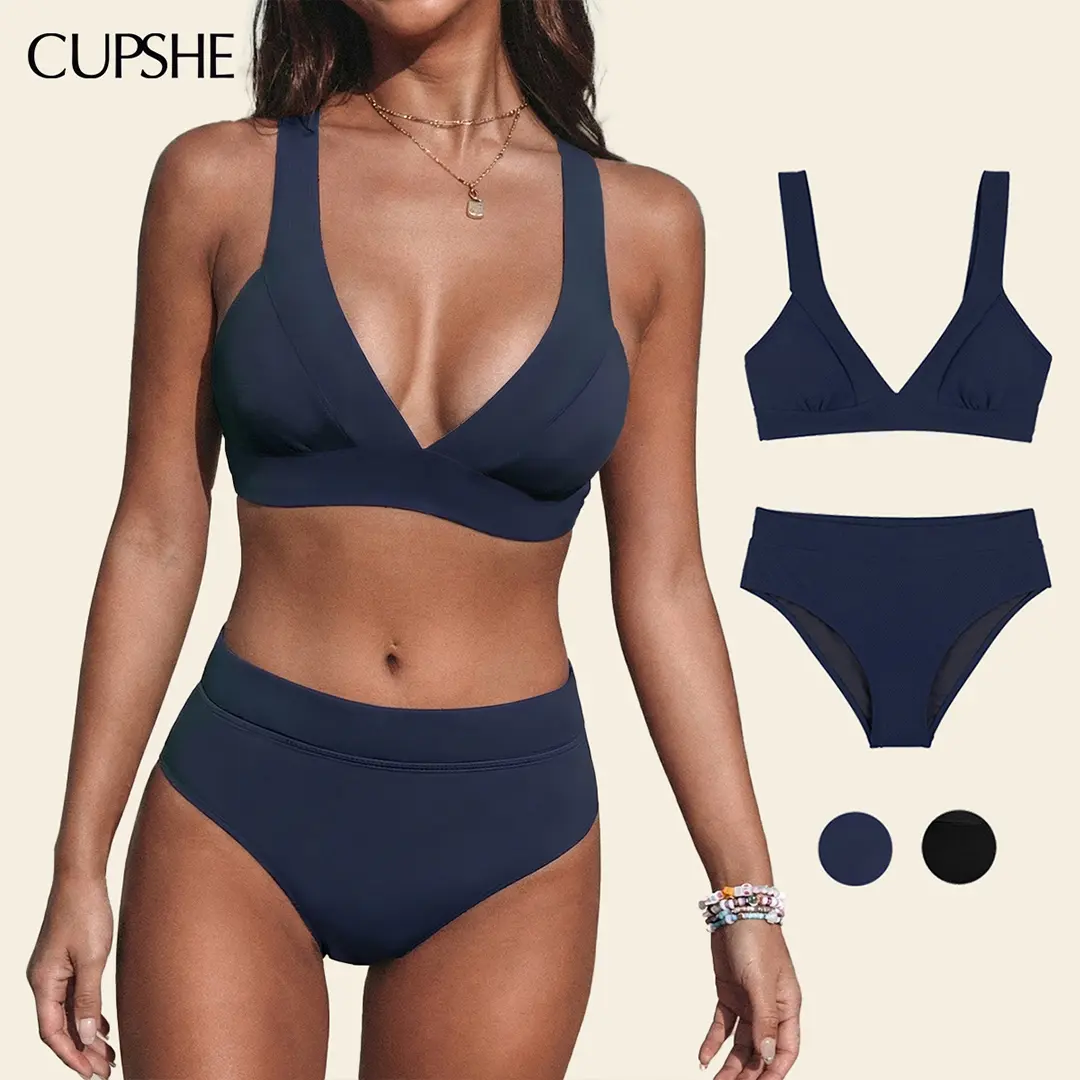 Cupshe Women's Swimwear, Solid V Neck Longline Bralette & High Waisted 2-Piece Bathing Suits with Removable Cups, Beachwear, Beach Wear