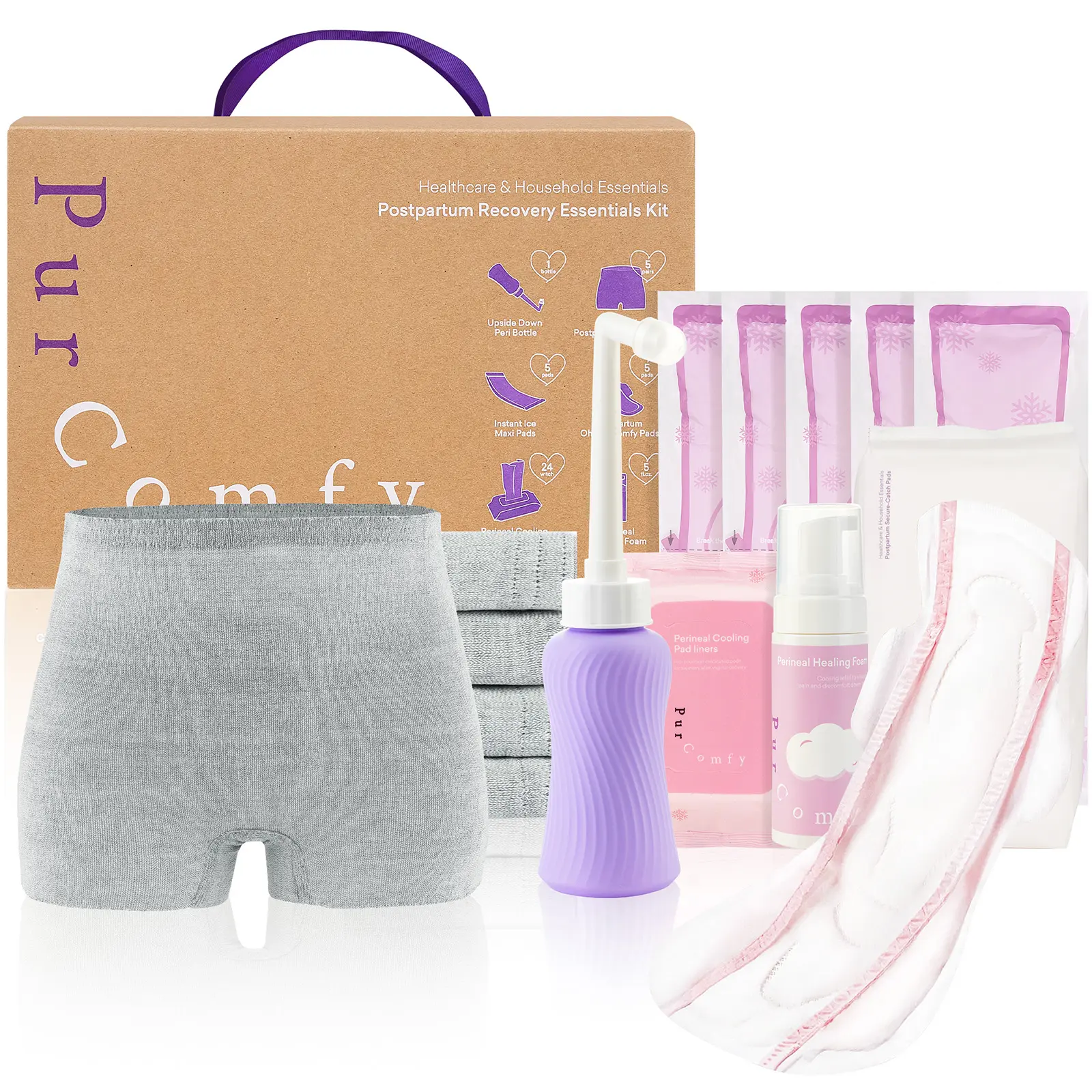 PurComfy Postpartum Recovery Essentials Kit, New look Same qulity! Includes Disposable Underwear, Instant Cooling Pads, Perineal Healing Foam, CoolingLiners, Peri Bottle and Postpartum Pads - 18 Pcs Comfort, Best Baby Shower Gift