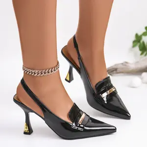 Black Patent Leather Slingback Heels Pointed Toe Gold Buckle Pumps Women's Dress Shoes