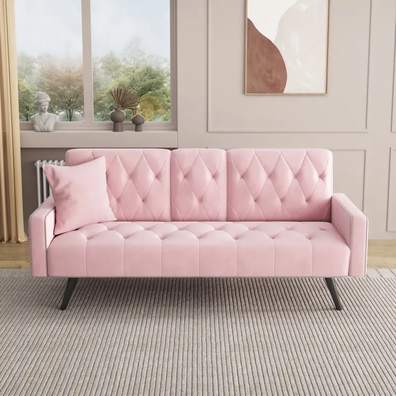 72" Sturdy Modern Velvet Fabric Tufted Back 2-Seat Futon Sofa Bed Convertible Sleeper Couch - Adjustable Backrest, 2 Cup Holders, Sponge Padding, Plastic Accents, 74 lbs, Small Apartment Living Room Couch (Pink)