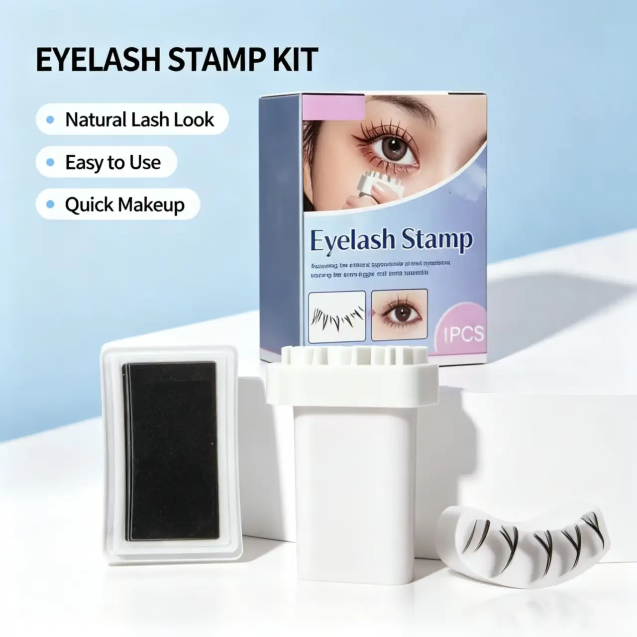 Lower Eyelash Stamp - 1 Piece False Eyelashes Tool with Natural Look, Effortless 1-Press Application & 3D Effect, Lightweight Compact for Beginners, Waterproof Sweatproof Long-Lasting Pigment, Duoface Brush Sponge Cleaner Storage Blending Brush