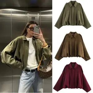 2025  Spring new women's suede texture effect Loose version of fashion lapel shoulder bomber jacket Coats Tops
