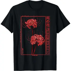 Stakoplanet Lost Memory 100% Cotton Japanese Spider Lily Soft Grunge Anime Aesthetic Flower T-Shirt Menswear Top Distressed Graphic Big Streetwear