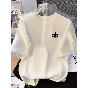 Women'S Summer Spring New Ab Letter Print Round Neck T-Shirt, Loose Fit Slimming, Casual Comfortable Breathable, Perfect For Daily Wear