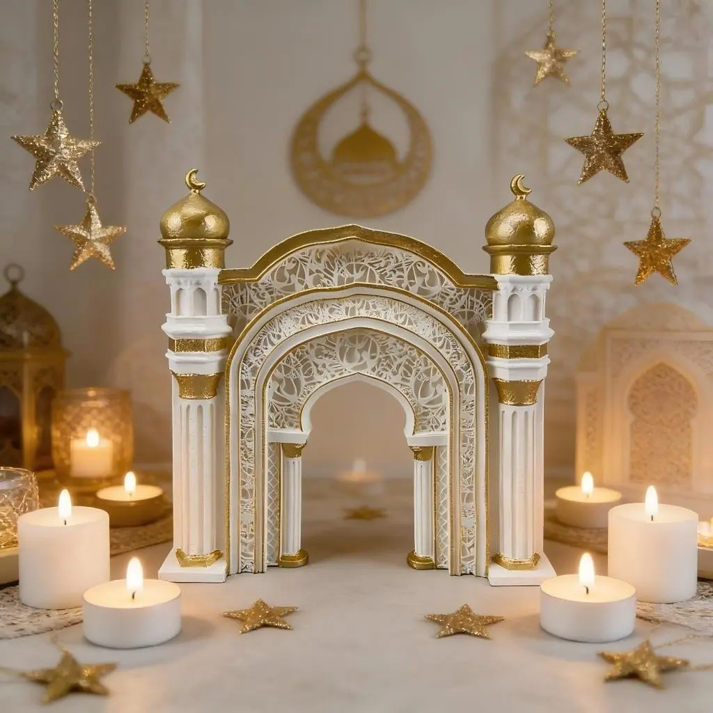 1 PC Ramadan Mubarak Islamic Arch Table Decor Religious Decoration Gold White Mosque Ornament Eid Al Fitr Home Party Decoration with Star Moon Candle Theme