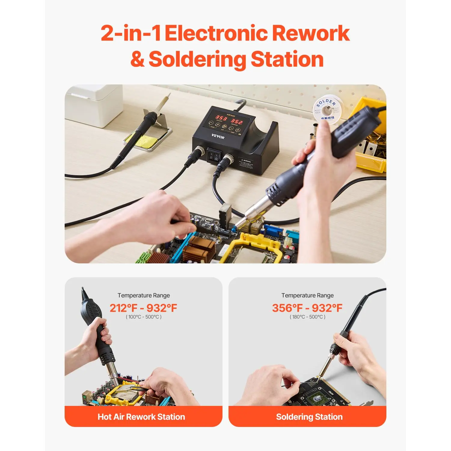 VEVOR 2-in-1 Hot Air Rework & Soldering Full Kit, 750W with Adjustable Temp LED Digital Display, Non-Woven Components, Temperature Compensation, 1x30g Solder Wire, 1xTweezer, 3xNozzles, 5xSoldering Tips for Main Board Soldering & Chip Removal