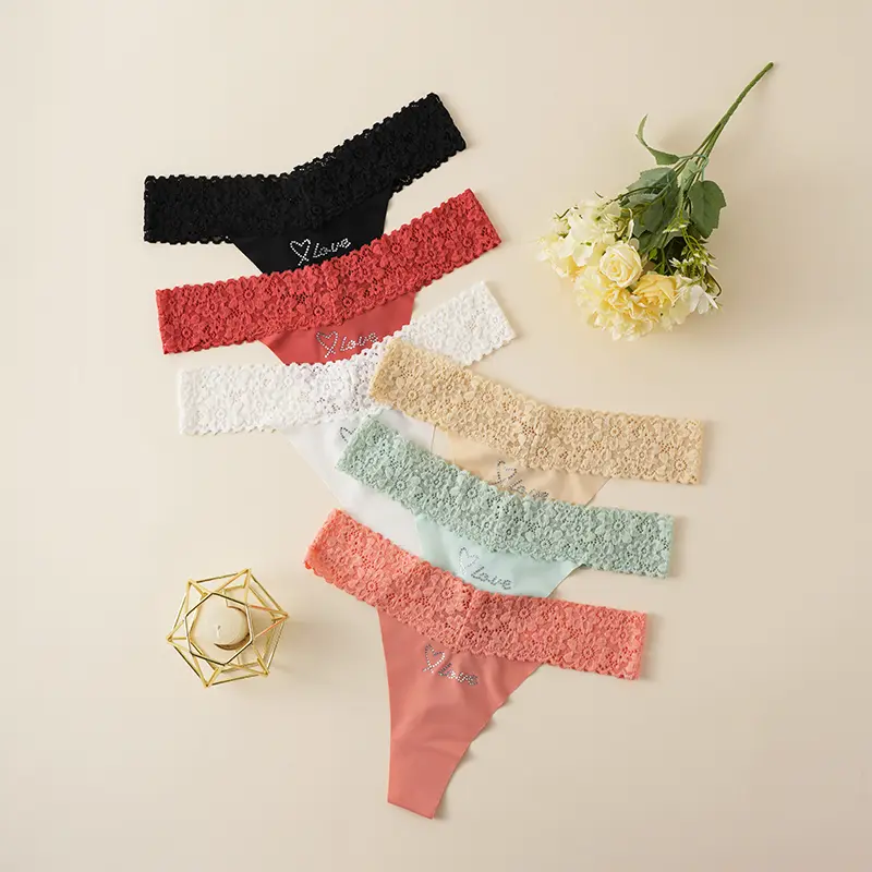 Women's 6-Piece Thongs Underwear - Soft, Breathable Fabric, Luxurious Lace & Rhinestones, Ornate Sporty Style, Ideal for Thanksgiving, Chinese New Year, Romance, Easter