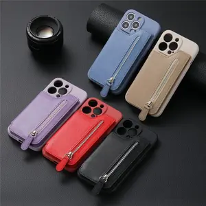 For iPhone 16 Pro Max Card Pocket Zipper Wallet Case for iPhone 16 15 14 Plus 13 12 11 XR XS MAX 7 8 Kickstand Phone Cover Screen Protector Red Protective Protection Casing Smartphone Cellphone Shockproof