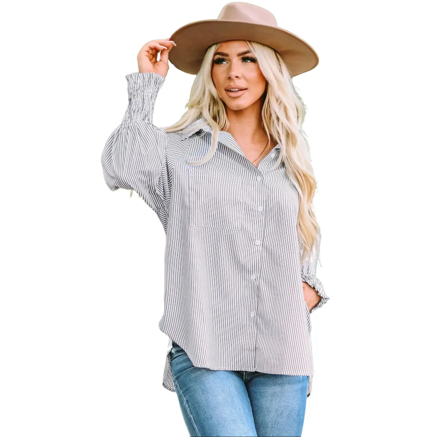 Smocked Cuffed Striped Boyfriend Shirt with Pocket