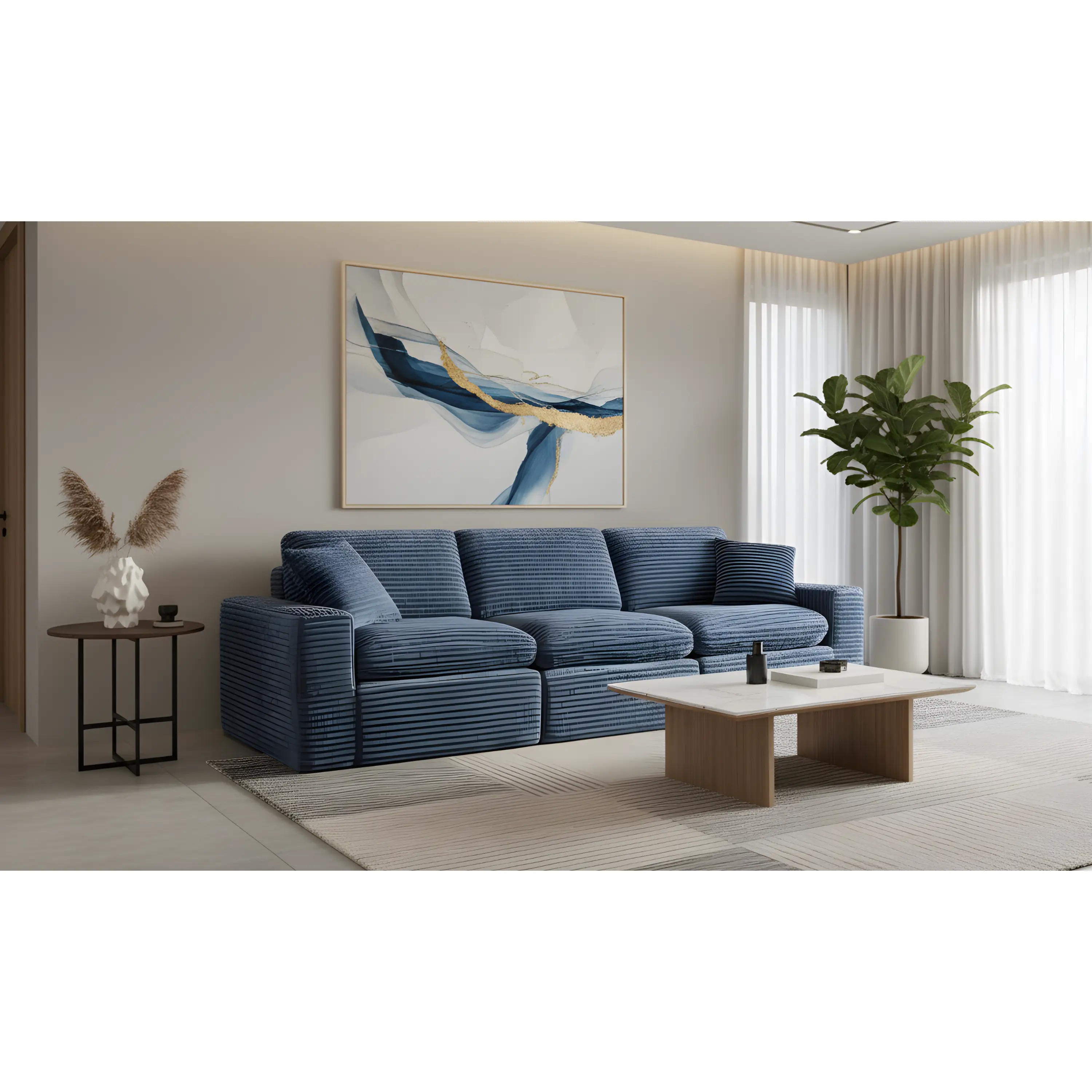Klaussner Pacis Low-Profile Corduroy 3-Seater Dark Blue Fabric Sofa with Ottoman - Ribbed Top, Horizontal Design, Minimal Chic Comfy Indoor Living Space Furniture