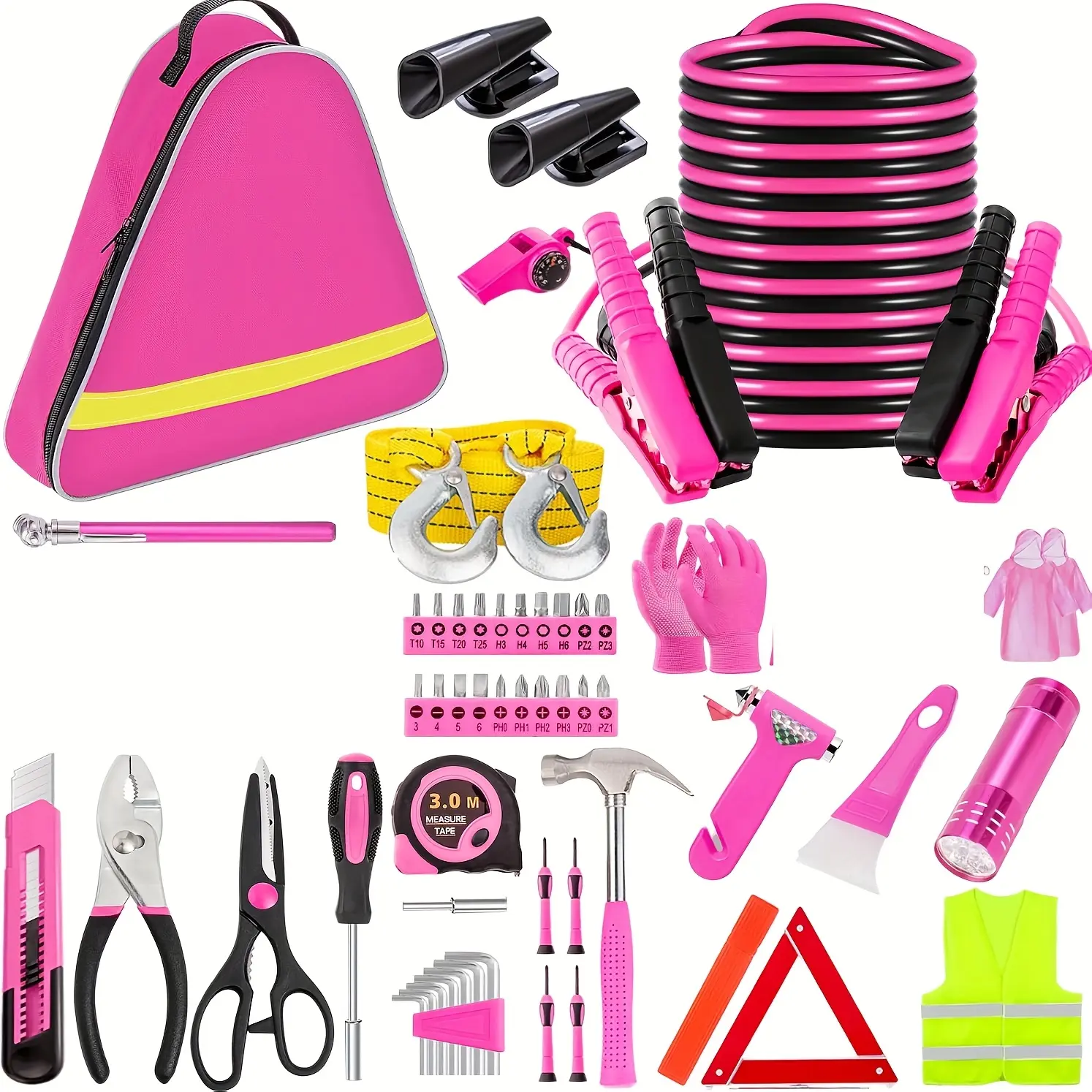 COFSODI Pink Portable Emergency Survival Kit Supplies - Travel Friendly Emergency Kit for Car Roadside Assistance, Auto Repair Tools, Jumper Cables, Deer Whistles for Winter Car Safety, Portable Emergency Kit