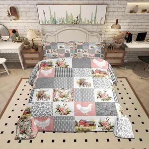 Feelyou Quilted Grid Farmhouse Barn Comforter Set - Multi-Size Breathable Microfiber Comforter, Chicken & Highland Cow Animal Prints, Rustic Pink Patchwork Bedding for Kids