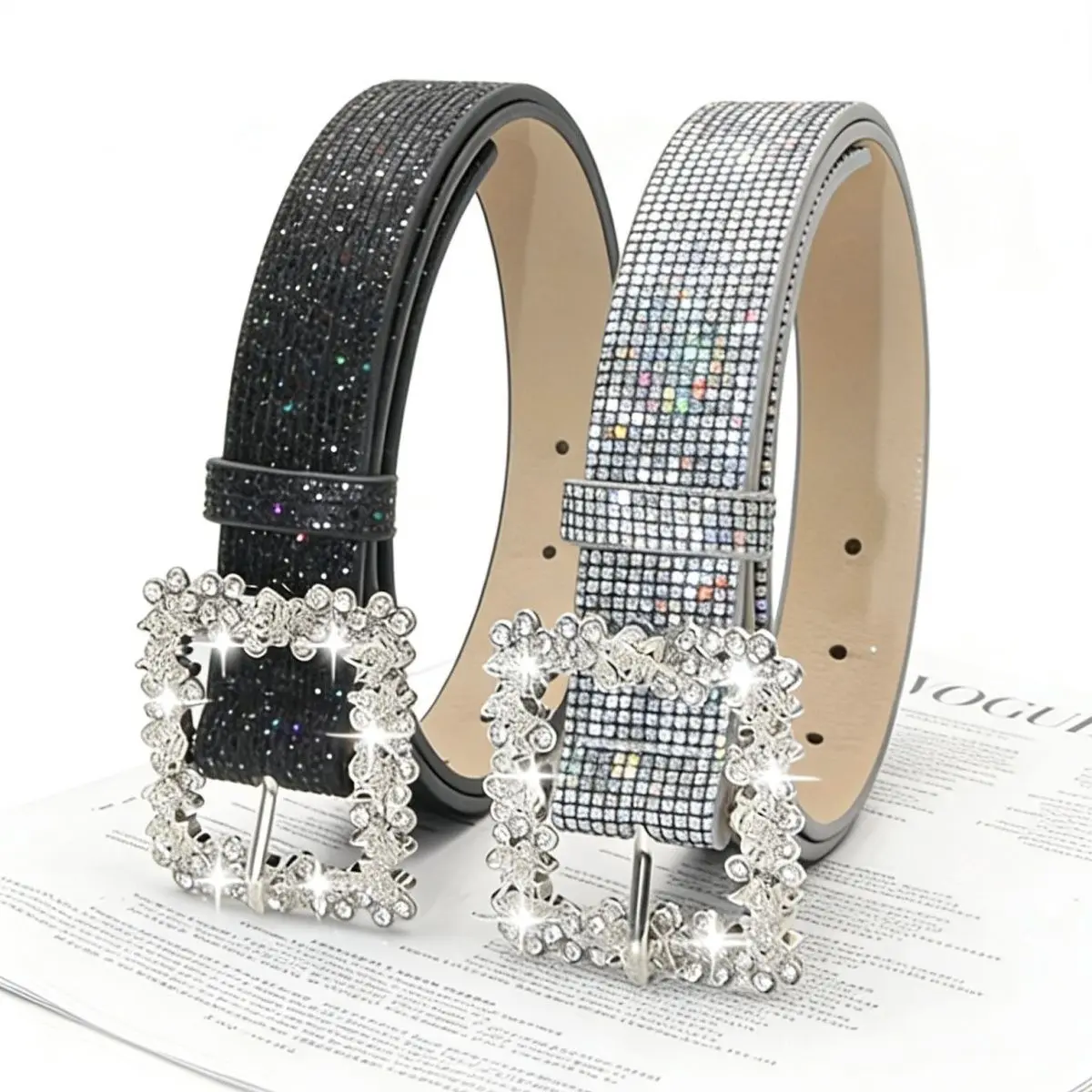 Women's 2-Piece Shiny Rhinestone PU Belts with Metal Buckle - Decorative Waist Chain Belt for Dresses, Elegant Casual Accessories for Parties, Casual Outfits, Belts For Dresses
