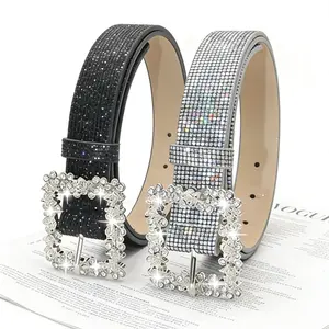 Set of 2 women’s shiny rhinestone PU belts with metal buckle—elegant casual chic accessories suitable for parties, sports, and casual outfits