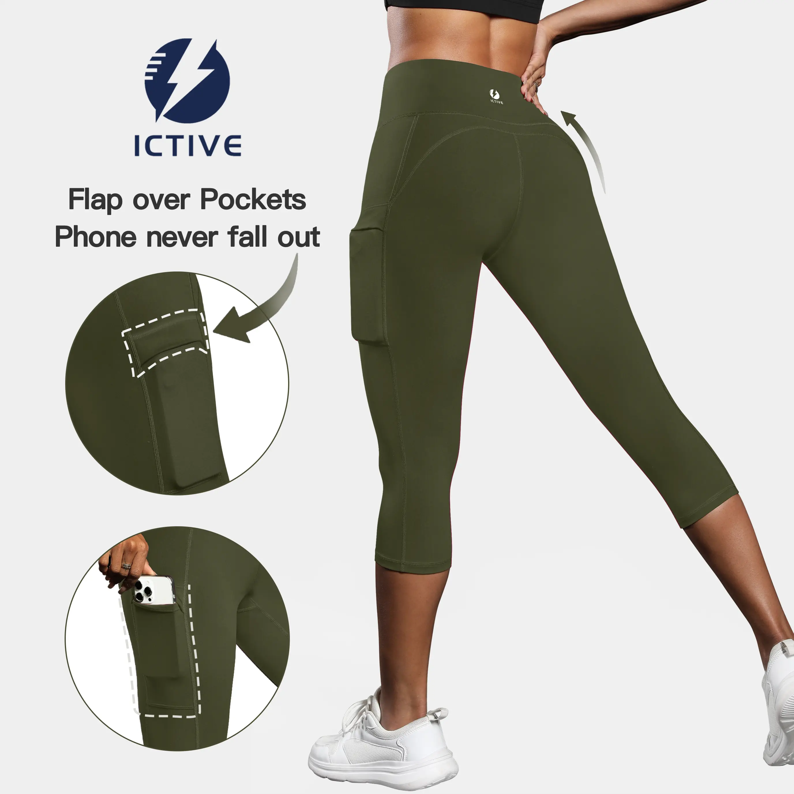 ICTIVE Women's High Waisted French Terry Leggings, Skinny Fit Workout Pants with Pockets for Gym Training & Pilates, Gym Workout Leggings, Gymwear Activewear, Womens Fitness, Plain yoga