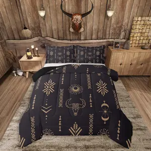 Western Aztec Comforter Set Kids Southwestern Geometric Vintage Duvet Quilt for Boys Girls Teens Bohemia Boho Bull Skull Abstract Tribal Black Brown Bedding Set Soft Room Decor