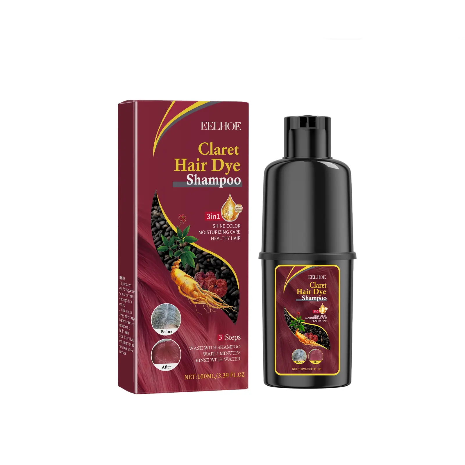 Eelhoe Black Hair Hair Dye Shampoo (Wine Red) Mild Non-Irritating Moisturizing Scalp Easy Color Changing Hair Shampoo