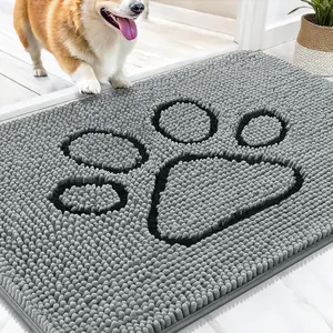 Door Mat for Muddy Dog Paws 30x20, Ultra Absorbent Chenille Mud Doormat with Paw Print Design, Non-Slip Washable Doormat for Indoor Entryway, Quick-Dry Pet Bed Mats for Dirty Dogs, Grey