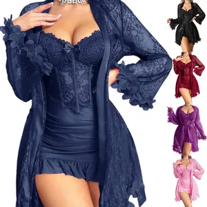 3 Piece Women’s Lace Satin Pajama Set – Elegant Nightdress with Matching Robe & Thong, Soft Lightweight Sleepwear Set for Home, Loungewear, Date Night & Valentine’s Day Gift SpringStatements