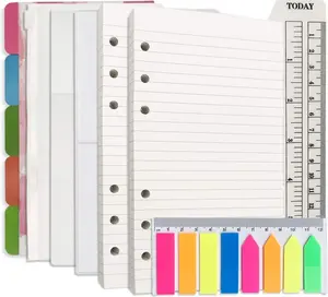 A6 Refill Paper, 100 Sheets Lined Paper, 6 Hole Punched - 5 Binder Dividers, 3 PVC Pouches, 160 Colored Index Tabs, 1 Quick Page Finder, for Filofax Personal Planners, 3.75 x 6.75 Inch