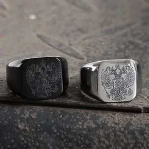 GTHIC Square Double-Headed Eagle Stainless Steel Coat of Arms Ring for Men Thumb Ring Daily Wear Fashion Accessory