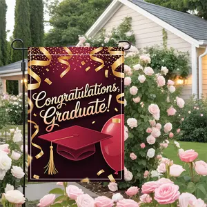 1pc Double-Sided Graduation Yard Flag Golden Burgundy Graduation Tassels Design with "Congratulations Graduate!" Text Washable Polyester Outdoor Decoration for Lawn Porch Garden No Electricity Needed All-Weather Durable Party De