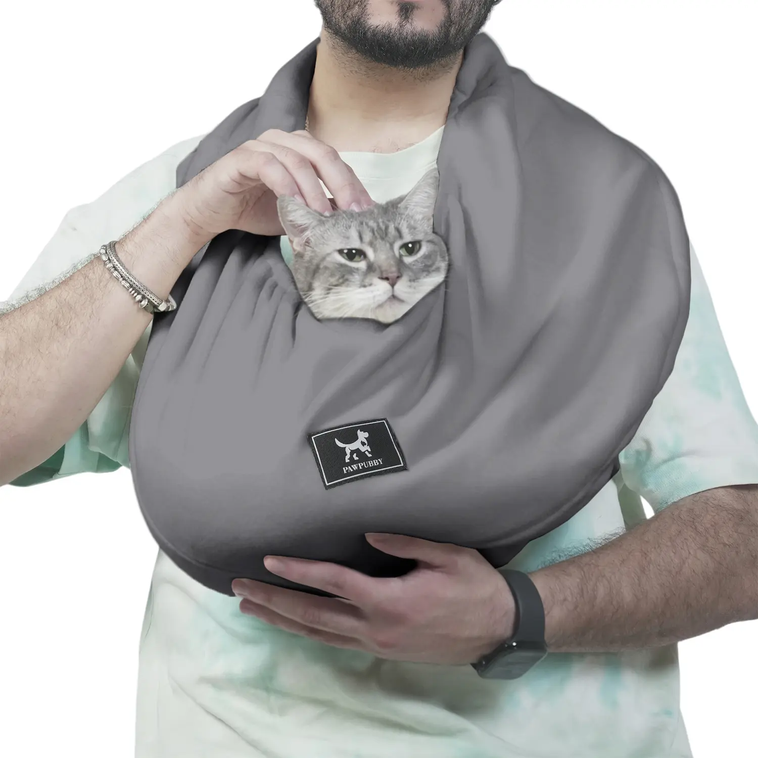 PAWPUBBY Cuddler Cat Sling Carrier - Soft Fleece, Breathable, Collar-Compatible, Elastic Band, Solid Design, Fits Up to 18lbs, Cozy Secure, Ideal for Home & Travel, Includes Collar & Harness, Pet Accessory