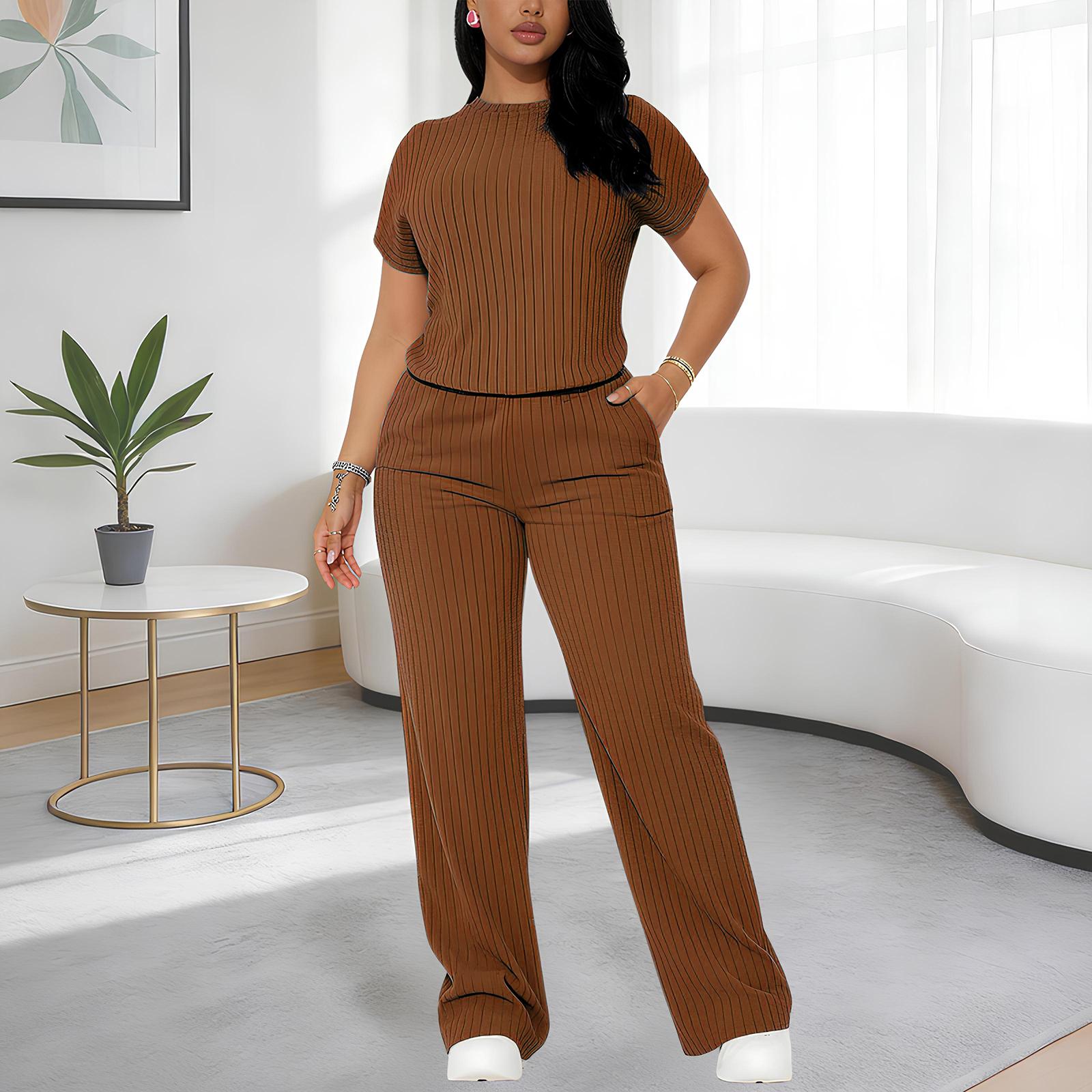 Women's Premium Ribbed Knit Co-ord Set for Spring & Summer – Short Sleeve Crew Neck Top & Straight Leg Trousers – Elegant Loungewear for Work from Home & Weekend Outings