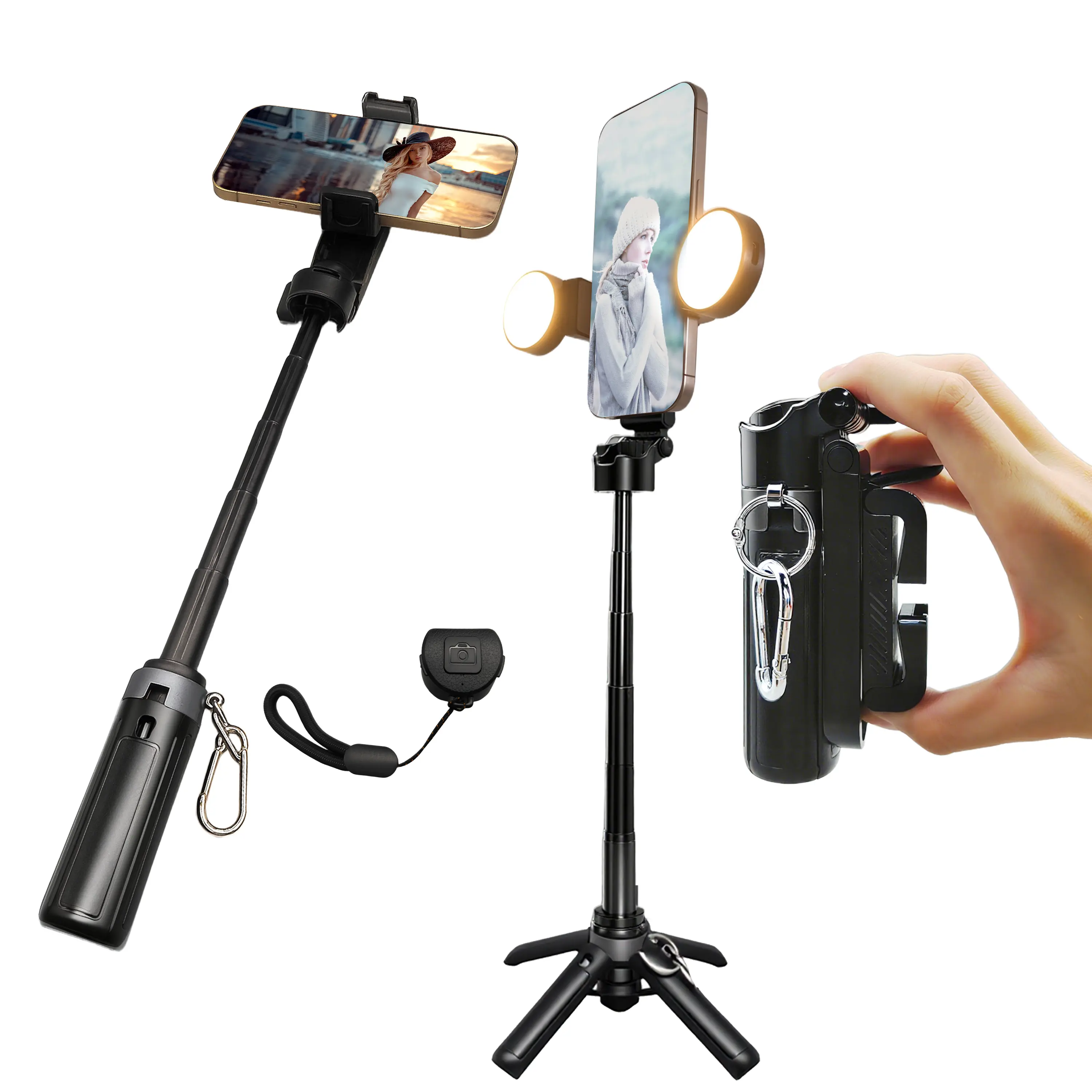Portable selfie stick, retractable desktop mobile phone tripod, 3-color light brightness adjustment, with detachable remote control, pocket size, suitable for Vlog live photography travel and mountain climbing, compatible with all iPhone/Android phones, A