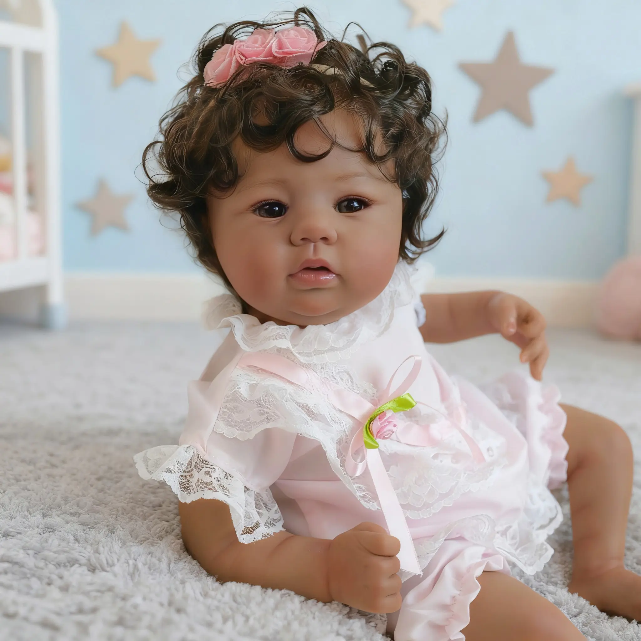 Adorable 19" Black Doll with Rooted Curls & Magnetic Pacifier - Lifelike Soft Cloth Baby Doll with Pink Lace Outfit & Gift Box
