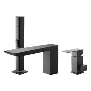 Roman Tub Faucet For Three-Hole Deck Mount With Waterfall Spout And Single Handle In Matte Black Finish, Solid Brass Construction, Ceramic Disk Valve, 1/2 IPS, Easy Installation, Water-Saving Bathroom Faucet For Bathtub