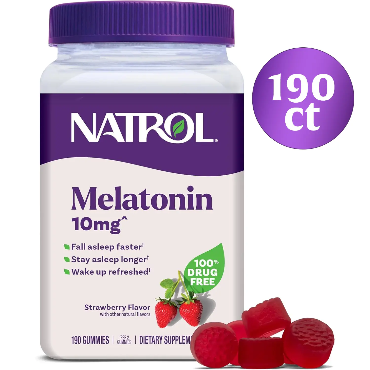 Natrol Melatonin Gummies - 10 mg Chemical-Free Natural Supplement for Adult Sleep Support, 190 Strawberry-Flavored Dietary Gummies with 2% or Less of Citric Acid