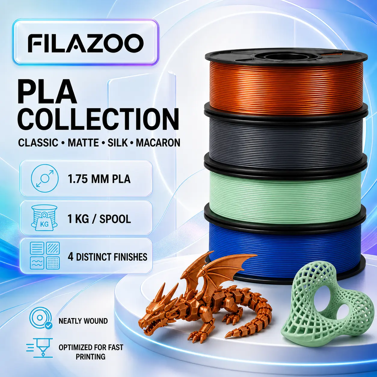 FILAZOO PLA 3D Printer Filament 1.75mm 1KG Spool | Classic, Matte, Silk Metal, Macaron Pastel Colors | High Speed Tangle-Free Smooth Extrusion | Compatible with Bambu Lab X1/P1S/A1, Creality Ender 3, FDM 3D Printers Premium Bundle