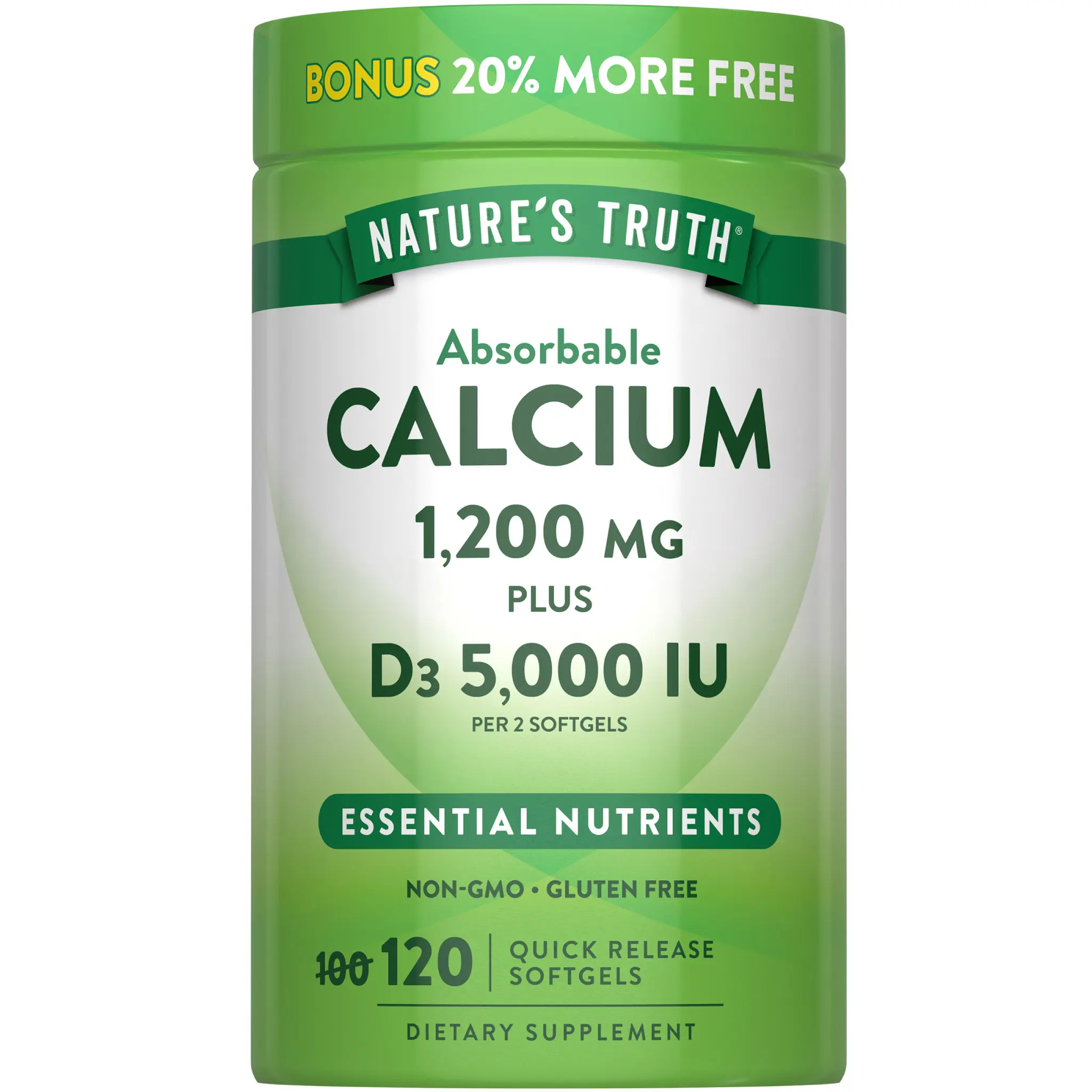 Nature's Truth Absorbable Calcium 1200 mg with Vitamin D3 5000 IU - 120 Softgels - Calcium Carbonate
