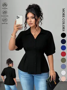Women's Plus Size Tummy Control Peplum Blouse Short Puff Sleeve Button Down Shirt Fitted V-Neck Solid Black Cinched Waist Pleated Tops Office Workwear Business Casual Elegant Flattering Fit Daily Outfits Old Money Summer Viral