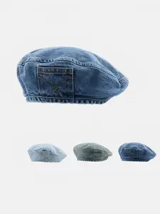 Women's Vintage Washed Denim Design Beret, Casual Outdoor Blue Hat for Women, Fashion Accessories for Daily Wear