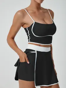 Women's Solid Racer Back Crop Tank Top & Overlap Waist Skort & Bra & Panty Set, Casual Sporty for Yoga Gym Workout, Ladies Sportswear for All Seasons, Fitness Activewear