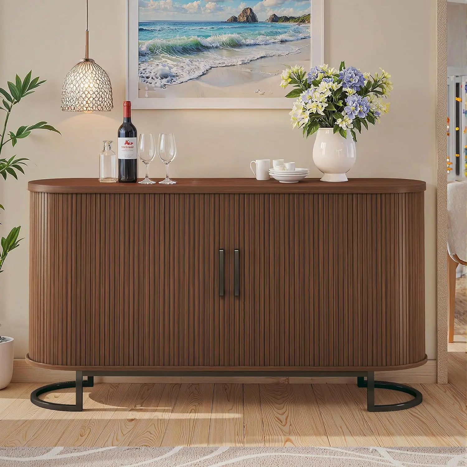 Mid-Century Modern Storage Cabinet - Sturdy Freestanding Kitchen Organizing Cupboard Sideboard, 54.3in Walnut MDF Wood Unit with Metal Legs, Sliding Door, 2 Shelves, Adjustable Shelf, Curved Edges, 25+kg Capacity for Apartment Decor, Apartment Furniture,