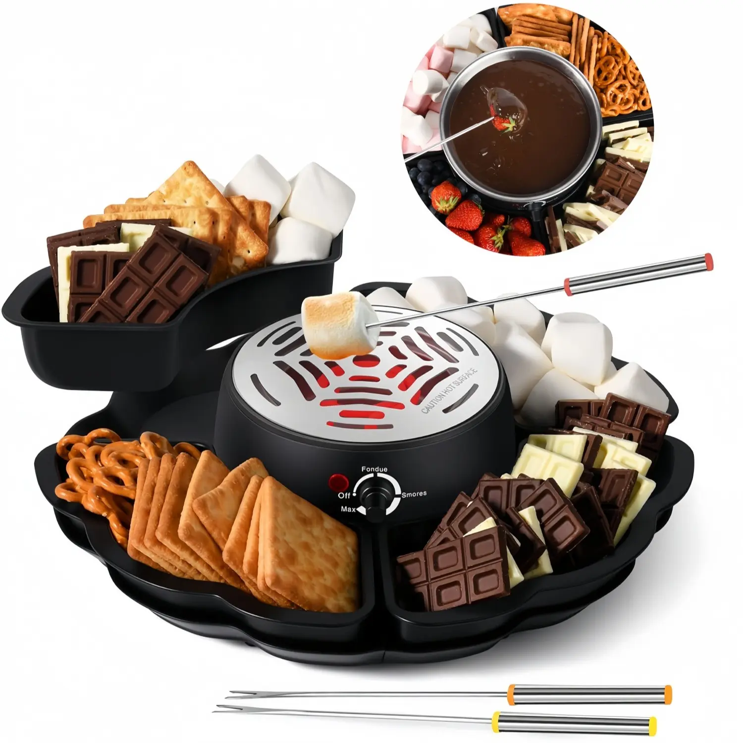 ONESHOW HOME 2 in 1 Smores Maker & Fondue Set Tabletop Indoor Kit with Temp Control 4 Trays 4 Forks Heated Bowl for Movie Night & Gifts