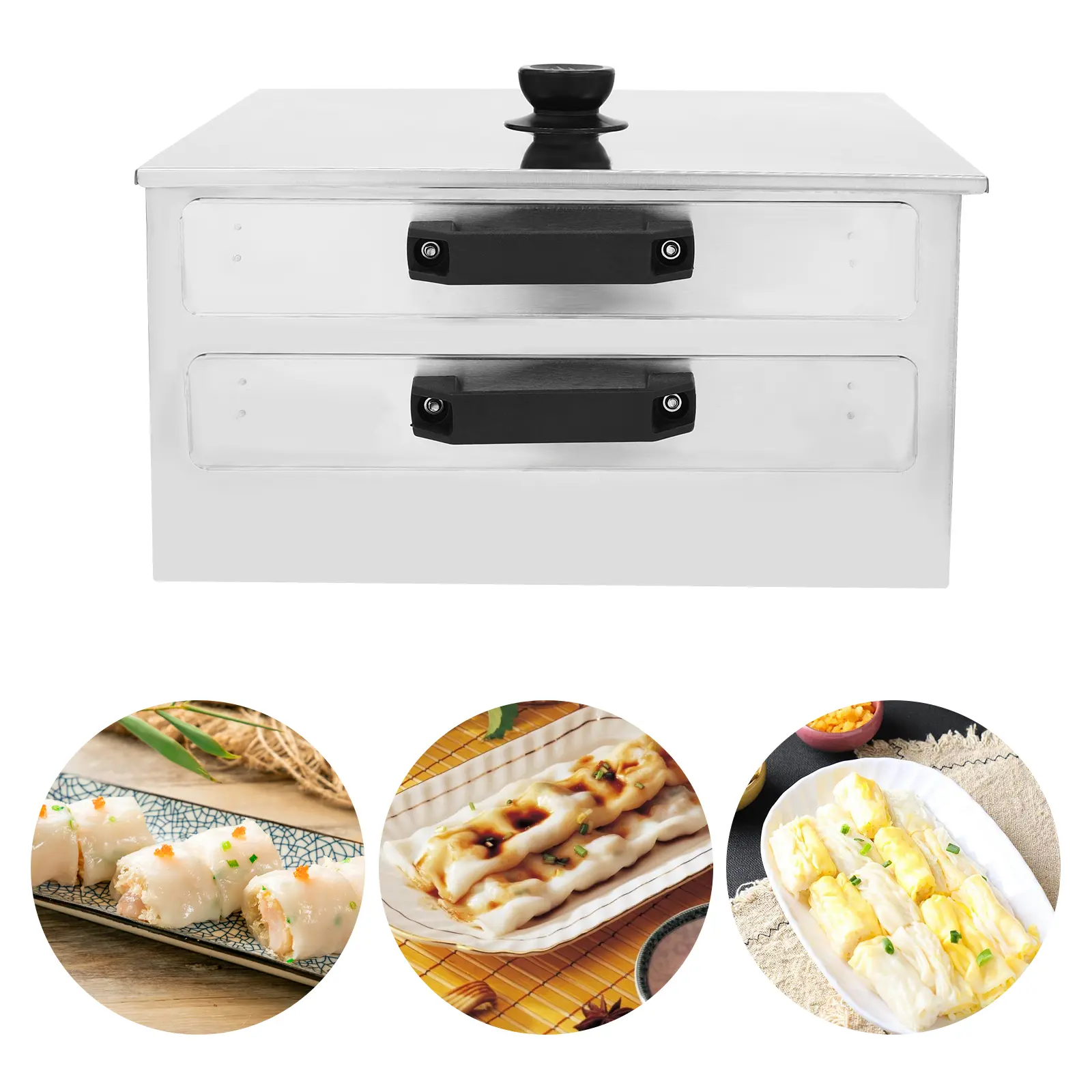 CNCEST 2-Layer Manual Cantonese Rice Noodle Rolls Machine - 304 Stainless Steel Kitchen Steamer with Openable Top Lid, Comfort-Safe Borders, Insulation, Compact Durable Cooking Tools (32x31x16cm)