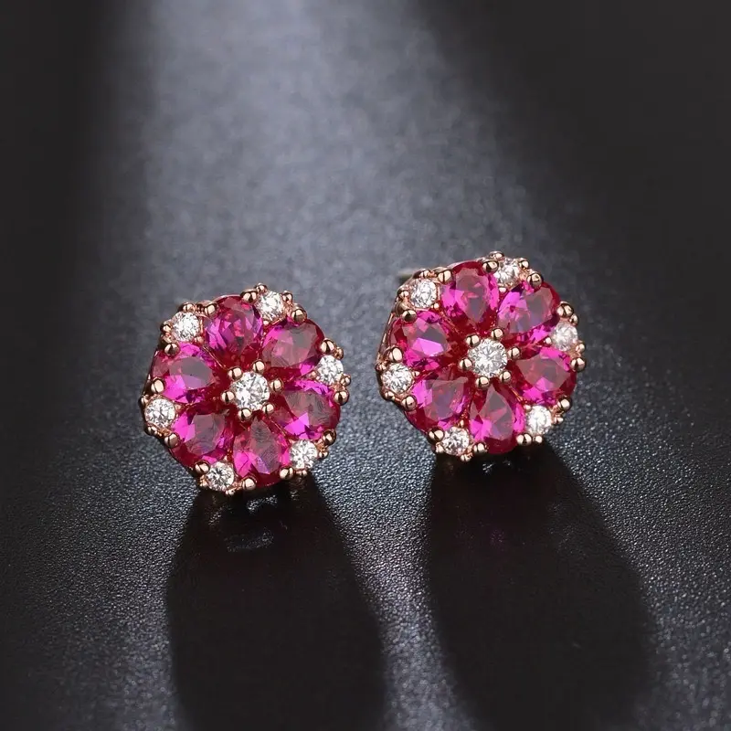 Flower Earring Pear Cut Green Emerald Pink Sapphire Earring Stud in 925 Sterling Sliver Needle Stunning Earrings Daily Earrings