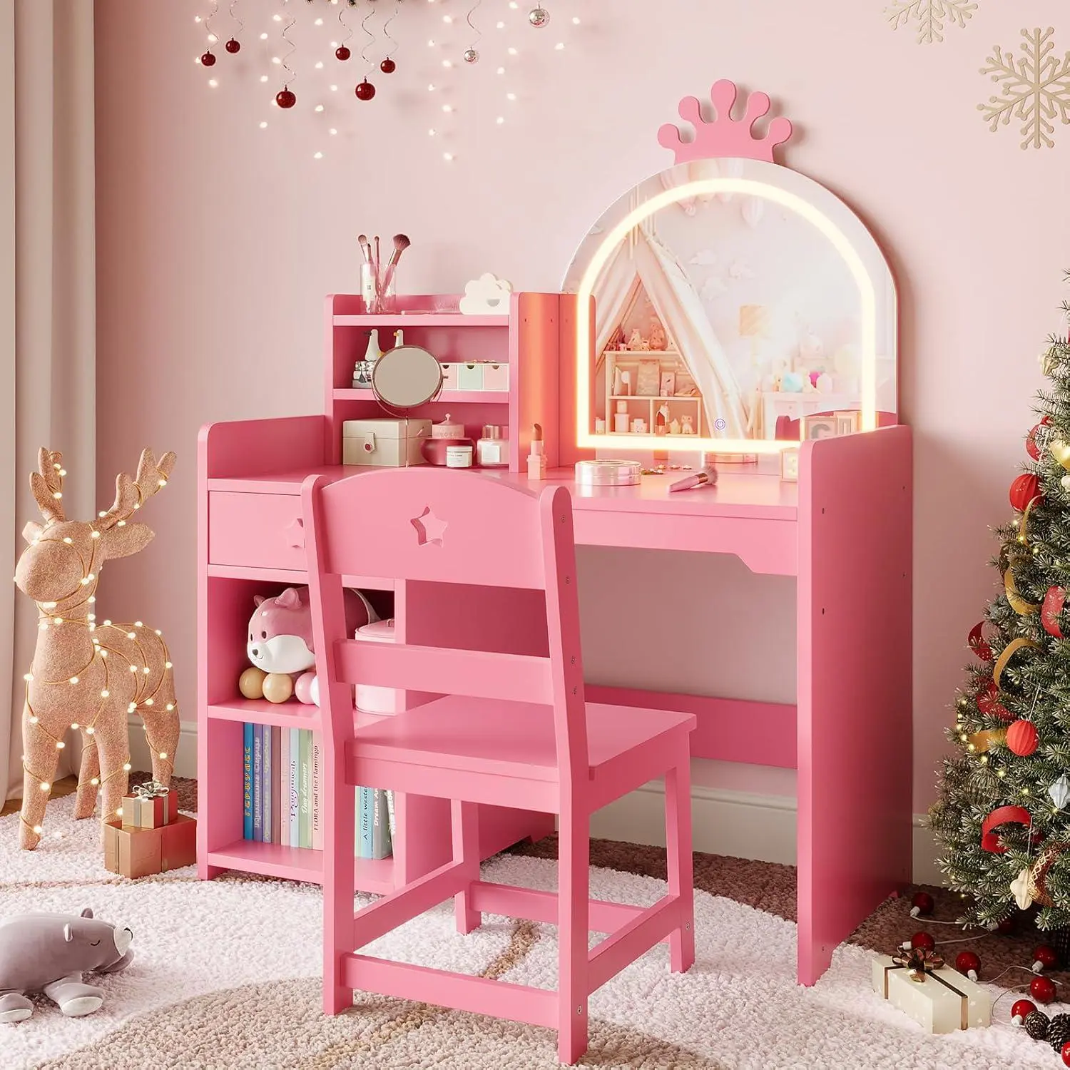Kids Vanity with Lighted Mirror - 2 in 1 Princess Vanity Set Toddler Vanity Table and Chair Set with Open Bookshelf - Storage Cabinet and Shelves for Little Girls - Pink,dorm essentials,home decor