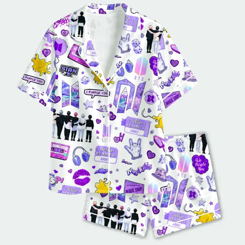 BTS Purple You ARMY Kpop Collage Satin Pajama Set Bangtan Fan Sleepwear