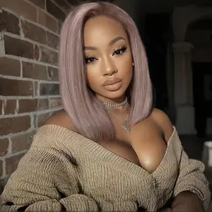 Ash Blonde Bob Wig 100% Human Hair 13x4 HD Lace Front Wigs 180 Density Ombre Gray Ash Blonde Straight Lace Frontal Wig With Dark Roots Invisible Knots Pre Plucked Short Bob Wig For Women 12 Inch