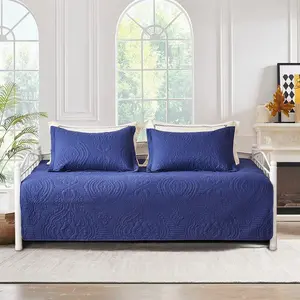 3 Pcs Navy Twin Size Daybed Cover Set Double Sided All Season Cozy Solid Color Classic Design Daybed Quilt Bedding Set with Matching Shams