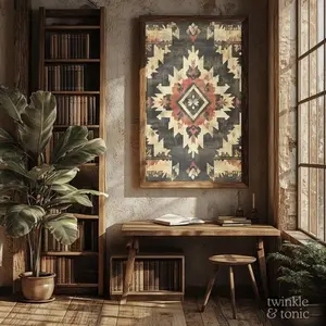 [UNFRAMED, PRINT ONLY, VINTAGE POSTER SALES UPTO 50%] Vintage Southwestern Art, Rustic Lodge Poster, Boho Farmhouse Decor, Rustic Western Art, Antique Aztec Textile Painting, Printed and Shipped. Christmas Home Décor Poster