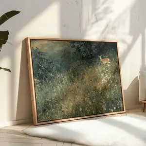 Spotted Fawn in Wild Meadow Canvas Wall Art |   Vintage land Deer Painting with Flowers for Rustic Nature-Inspired Home Decor Artistic Cotton Print Artwork Matte Minimalist Ornaments Decoration Photo Room wall decor poster