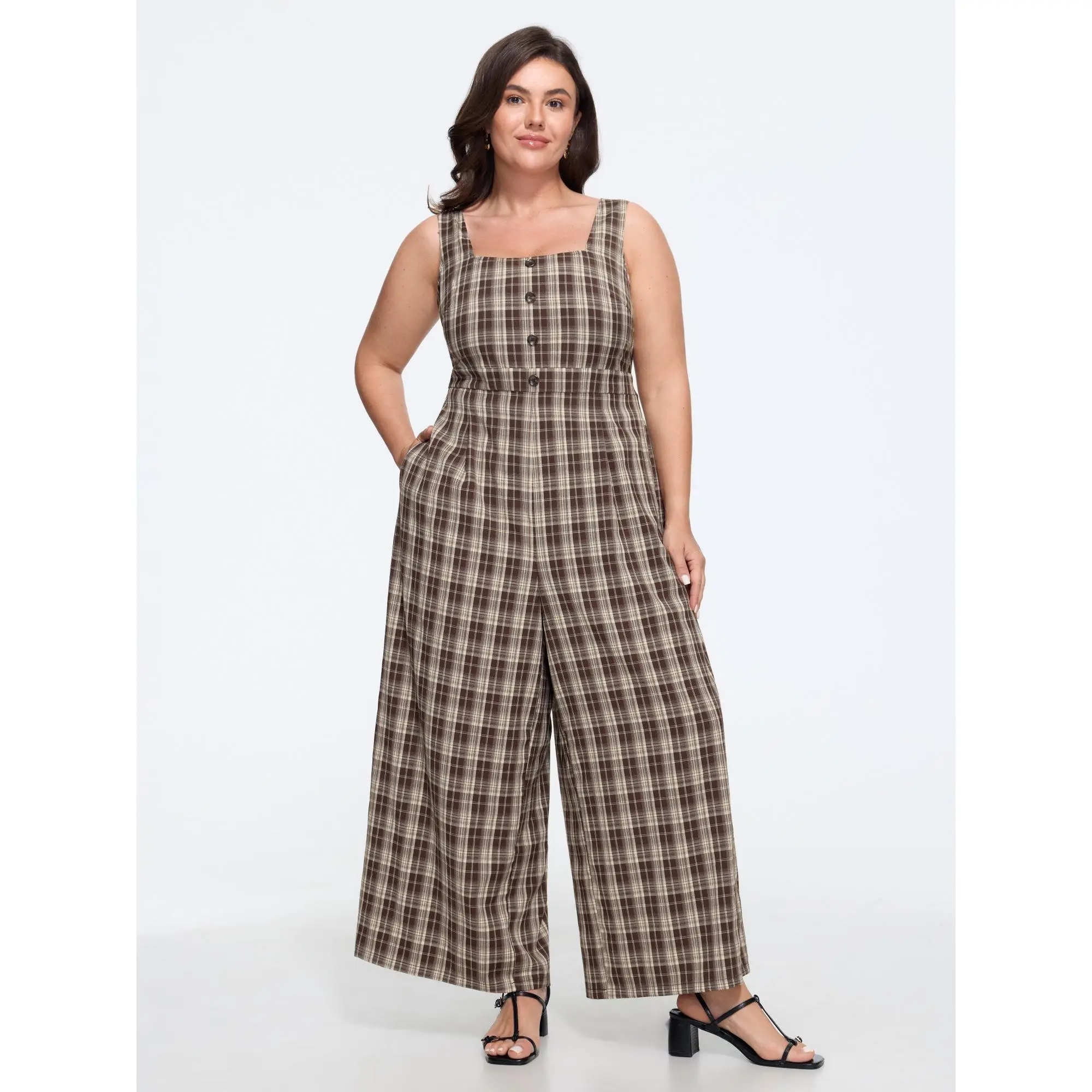 BLOOMCHIC Plus Size Square Neck Plaid Pocket Wide Leg Jumpsuit[M-6X] Back To School,Fall Pick