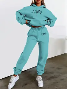 Viral Stylish Women's Winter Thick Fleece Graphic Tracksuit Edgy Leopard Print Heartbeat Logo Pattern Loose Slim-Fit Hooded Pockets Drawstring Waist Cozy Skin-Friendly Breathable Non-Stuffy Machine Washable Cold-Resistant Warm Versatile Chic